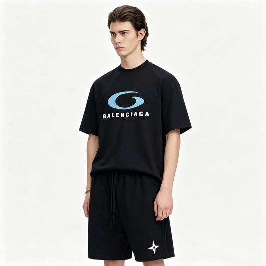New Blue Label Logo Print T-Shirt, Crew Neck Short Sleeve Streetwear Black Tee