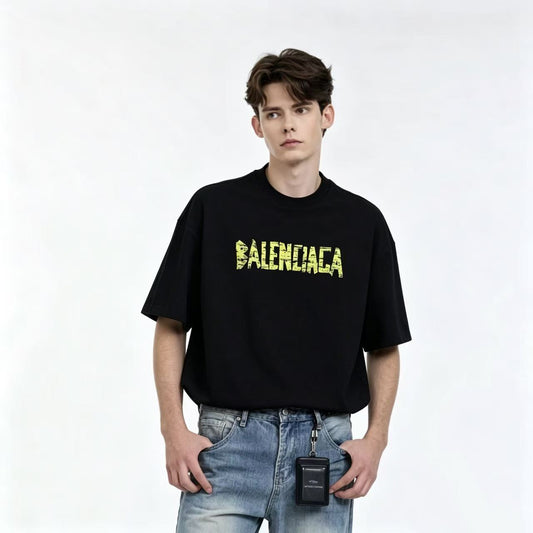 New Black Tape Letter Graphic T-Shirt, Crew Neck Short Sleeve Casual Tee