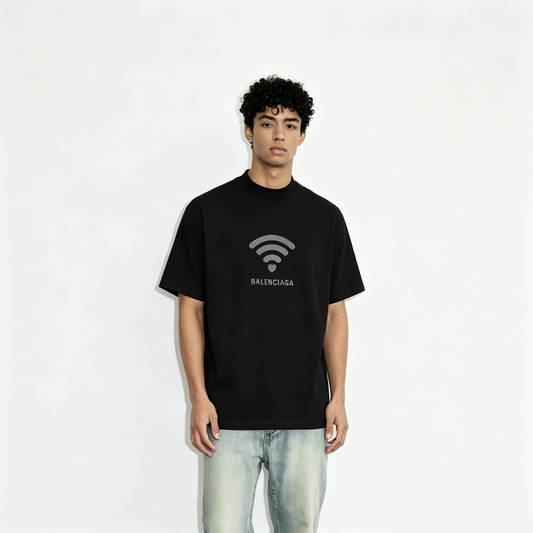 Black Heart WiFi Letter Logo Graphic T-Shirt, Crew Neck Short Sleeve Casual Tee
