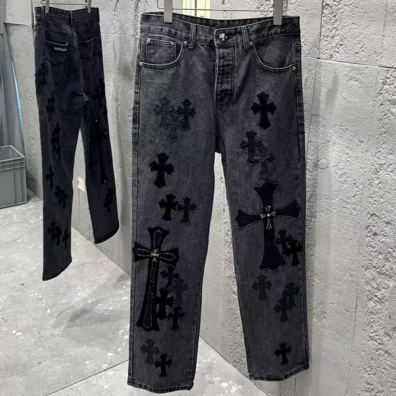 Chrome Hearts Black Metal Leather Patch Cross Denim Jeans