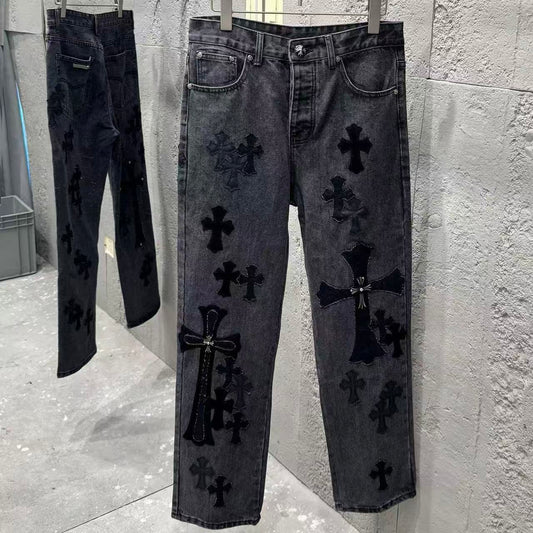 Chrome Hearts Black Metal Leather Patch Cross Denim Jeans