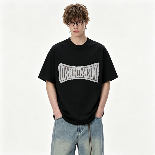 New Black Crew Neck Jersey Knit T-Shirt, Short Sleeve Loose Fit Casual Tee