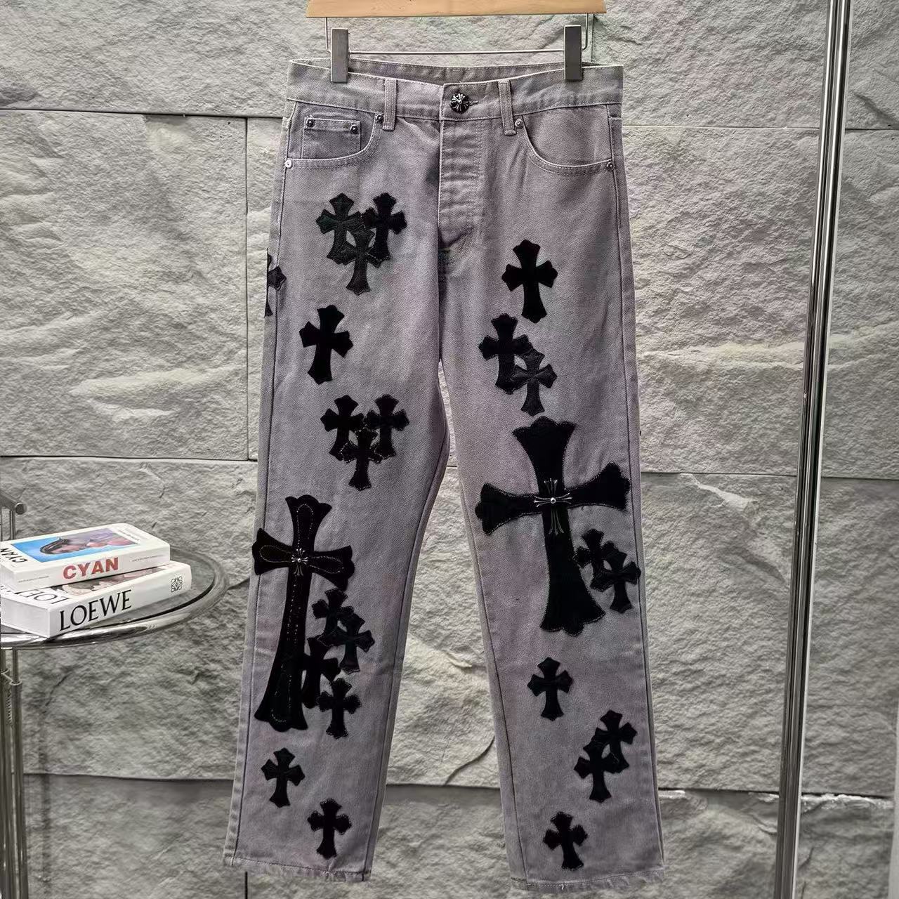 Chrome Hearts Paris Limited Edition Grey Heavy Leather Patch Denim Jeans