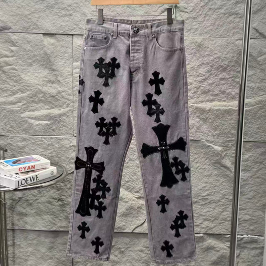 Chrome Hearts Paris Limited Edition Grey Heavy Leather Patch Denim Jeans