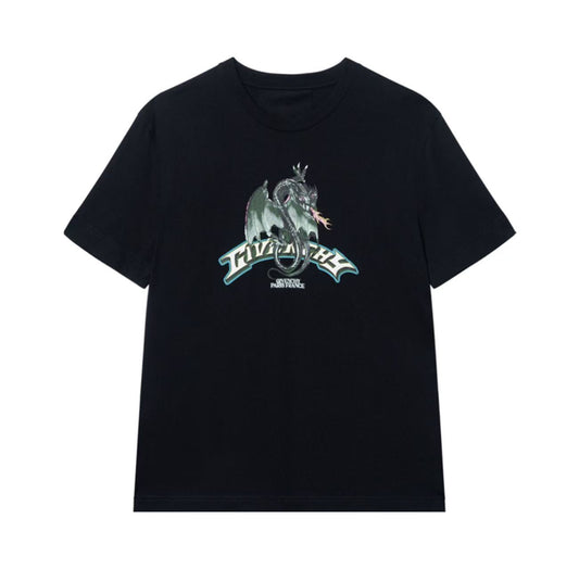 New Crew Neck T Shirt with Logo Lettering and Dragon Graphic Print