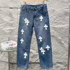 Chrome Hearts White Leather Patchwork Denim Jeans KB26