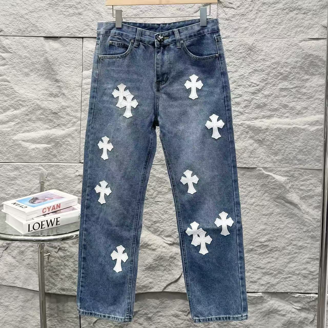 Chrome Hearts White Leather Patchwork Denim Jeans