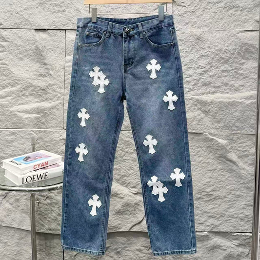 Chrome Hearts White Leather Patchwork Denim Jeans