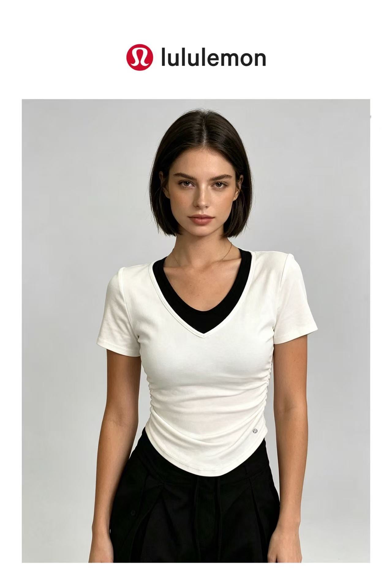 2-pack 2026New V-Neck Faux Two-Piece Waist-Cinching No-Bra Short Sleeve Top
