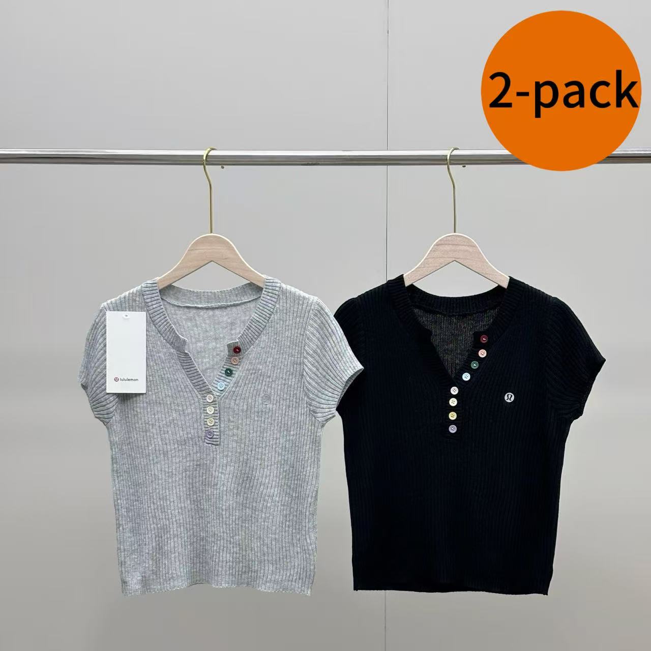 2-pack 2026 New Ice Silk V-Neck Button Knit Short Sleeve Top