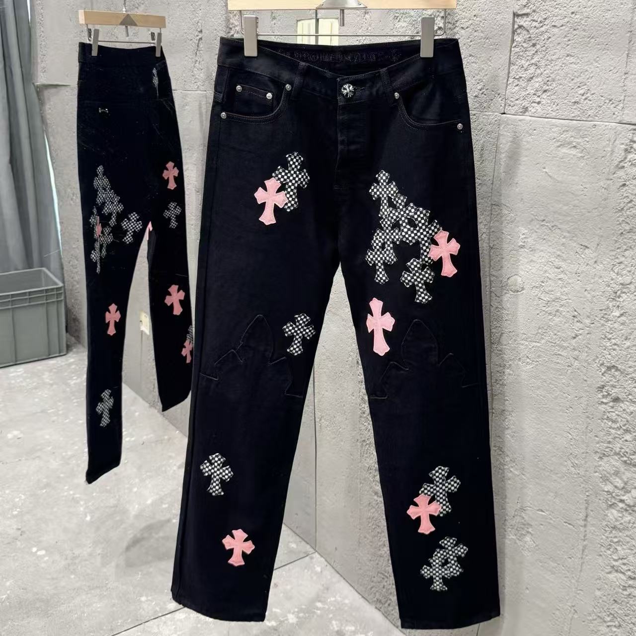 Chrome Hearts Limited Flame Pink Cross Patchwork Denim Jeans