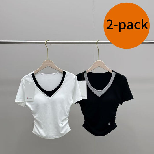 2-pack 2026New V-Neck Faux Two-Piece Waist-Cinching No-Bra Short Sleeve Top