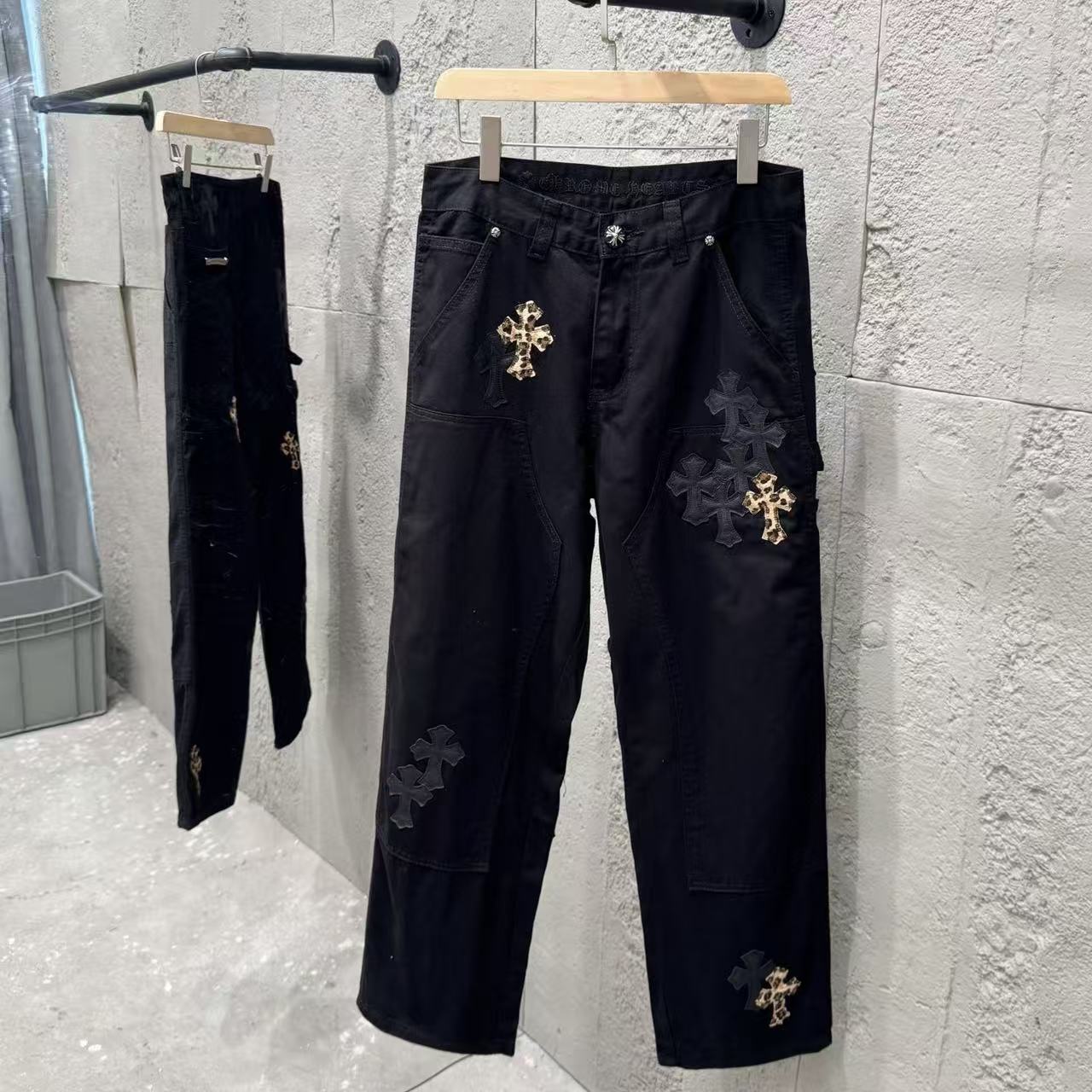 Chrome Hearts Leopard Print Patchwork Black Leather Denim Jeans