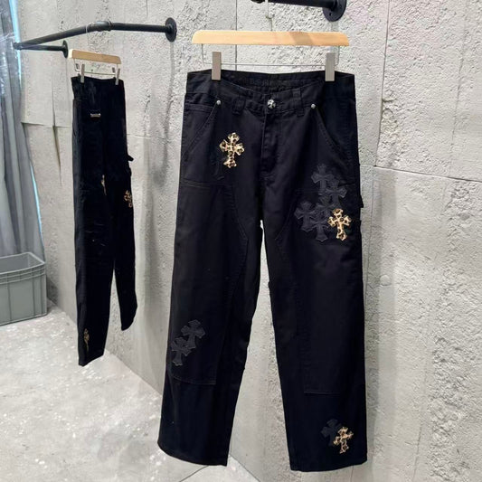 Chrome Hearts Leopard Print Patchwork Black Leather Denim Jeans