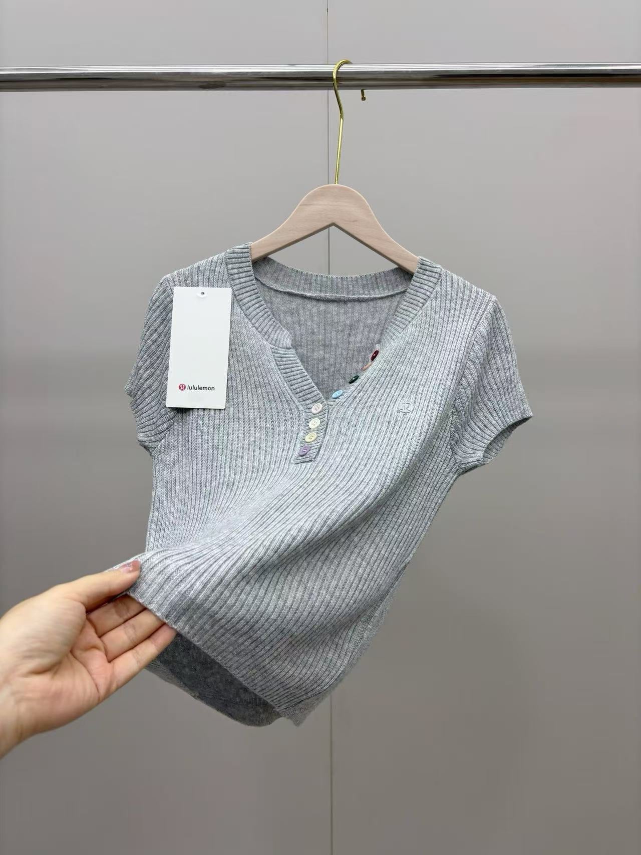 2-pack 2026 New Ice Silk V-Neck Button Knit Short Sleeve Top